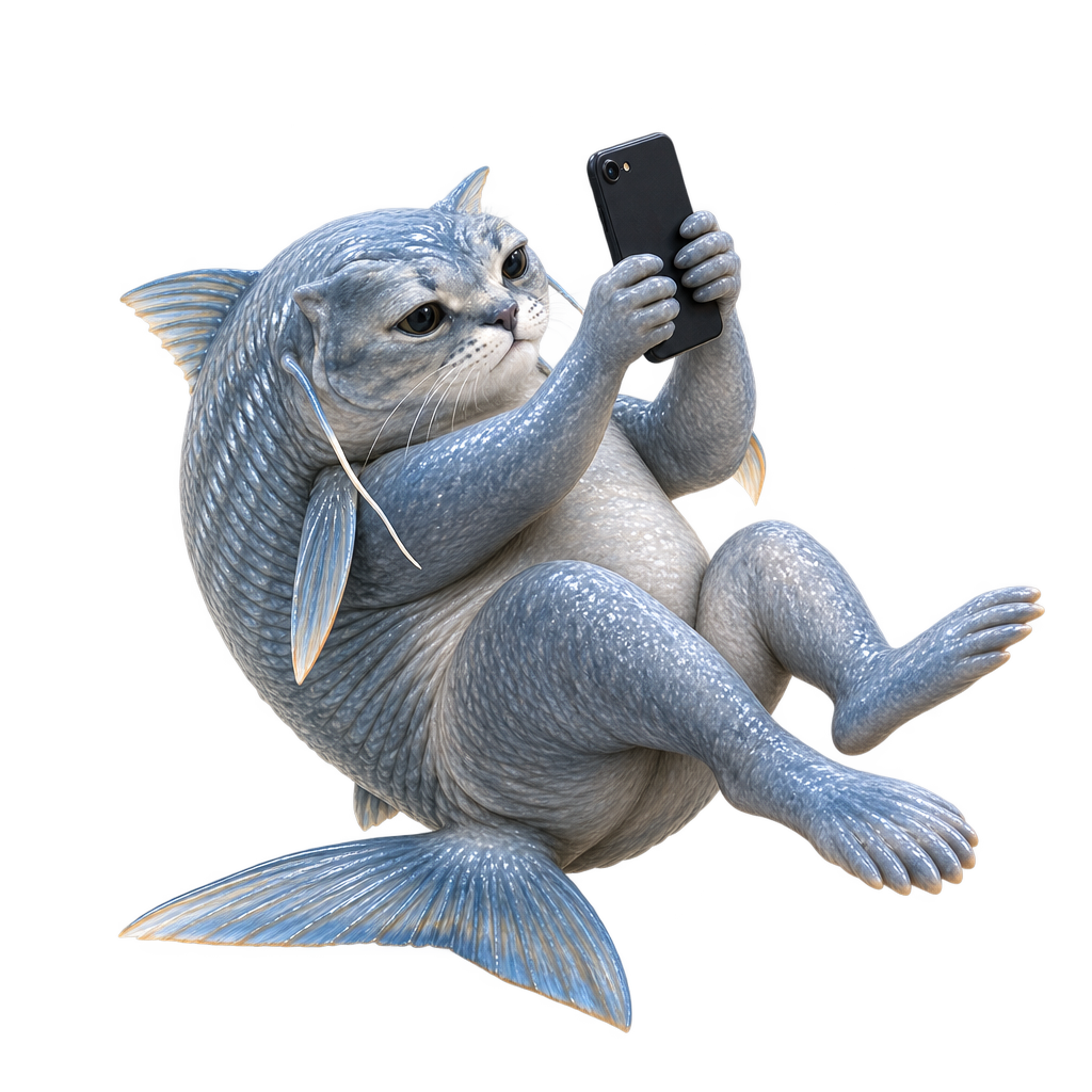 catfihonfone cut out, reclined, phone held overhead